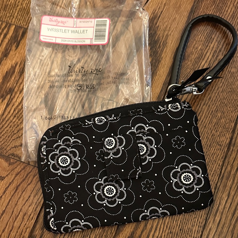 Thirty-One Black and White Floral Wristlet